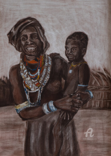 Disegno intitolato "Tswana clan. Matern…" da Svet Schiel Gallery, Opera d'arte originale, Pastello