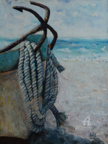 Painting titled "Boat on the shore" by Svet Schiel Gallery, Original Artwork, Oil Mounted on Wood Stretcher frame