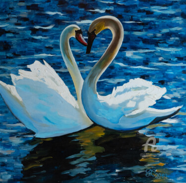 Картина под названием "Swans" - Svet Schiel Gallery, Подлинное произведение искусства, Масло Установлен на Деревянная рама д…