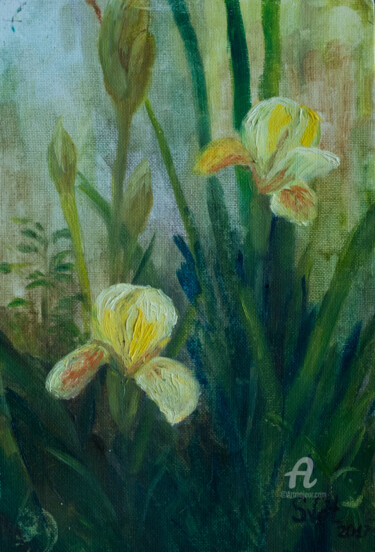 Painting titled "Yellow irises.  Etu…" by Svet Schiel Gallery, Original Artwork, Oil