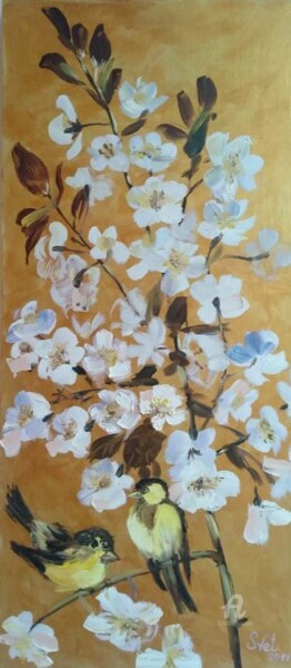 Painting titled "Blooming sakura wit…" by Svet Schiel Gallery, Original Artwork, Oil