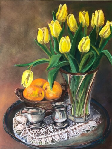 Картина под названием "Yellow tulips" - Svet Schiel Gallery, Подлинное произведение искусства, Пастель