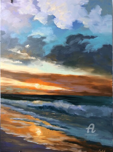 Painting titled "Golden sunrise on t…" by Svet Schiel Gallery, Original Artwork, Oil