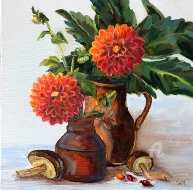 Картина под названием "Dahlias and mushroo…" - Svet Schiel Gallery, Подлинное произведение искусства, Масло