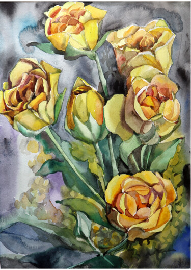 Картина под названием "Rose gialle" - Sviatlana Danskaya, Подлинное произведение искусства, Акварель