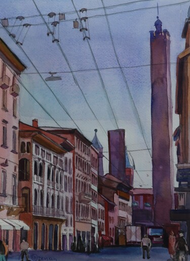 Painting titled "Towers of Bologna" by Sviatlana Danskaya, Original Artwork, Watercolor