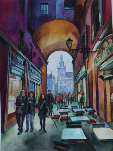 Картина под названием "Bologna_piazza Magg…" - Sviatlana Danskaya, Подлинное произведение искусства, Акварель