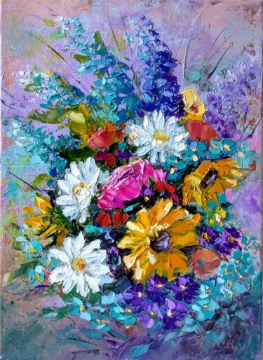 Painting titled "Bouquet d'été" by Sviatlana Ivanenko, Original Artwork, Oil Mounted on Wood Stretcher frame