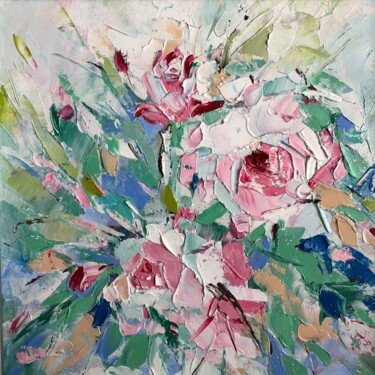 Painting titled "Loving roses" by Svitlana Andriichenko, Original Artwork, Oil Mounted on Wood Stretcher frame