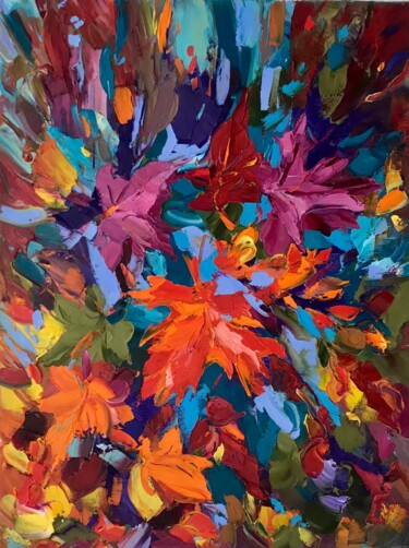 Painting titled "Playful leaf fall" by Svitlana Andriichenko, Original Artwork, Oil Mounted on Wood Stretcher frame