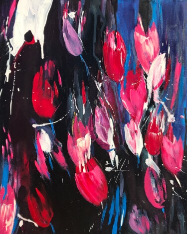 Картина под названием "Tulips and Dusk" - Svitlana Andriichenko, Подлинное произведение искусства, Масло Установлен на Дерев…