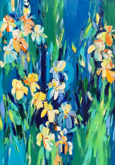 Painting titled "Narcissistic Irises" by Svitlana Andriichenko, Original Artwork, Oil Mounted on Wood Stretcher frame