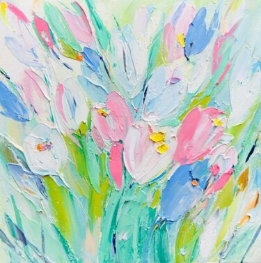 Painting titled "Tulips" by Svitlana Andriichenko, Original Artwork, Oil Mounted on Wood Stretcher frame