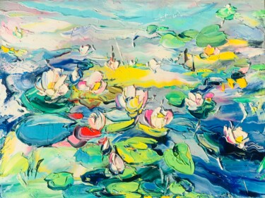 Painting titled "MAGIC WATER LILIES" by Svitlana Andriichenko, Original Artwork, Oil Mounted on Wood Stretcher frame