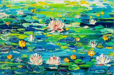 Painting titled "Carefree water lili…" by Svitlana Andriichenko, Original Artwork, Oil Mounted on Wood Stretcher frame
