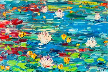 Painting titled "Water lilies in ant…" by Svitlana Andriichenko, Original Artwork, Oil Mounted on Wood Stretcher frame