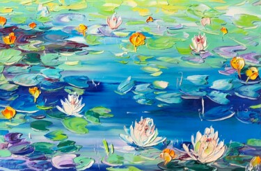 Painting titled "Funny water lilies" by Svitlana Andriichenko, Original Artwork, Oil Mounted on Wood Stretcher frame