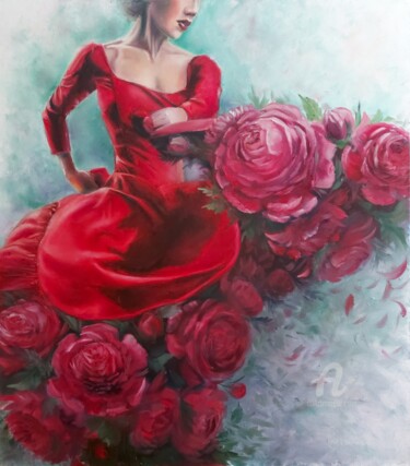 Peinture intitulée ""Пионовое фламенко"" par Svitlana Dzedzei, Œuvre d'art originale, Huile Monté sur Châssis en bois