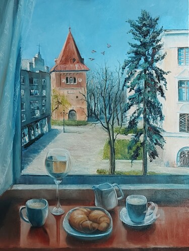 Painting titled ""Rendezvous by the…" by Svitlana Dzedzei, Original Artwork, Oil Mounted on Wood Stretcher frame