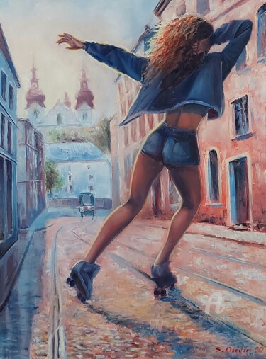 Painting titled ""Morning in the cit…" by Svitlana Dzedzei, Original Artwork, Oil Mounted on Wood Stretcher frame