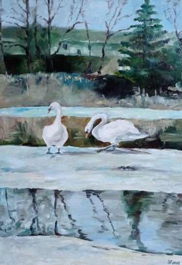 Pintura titulada "Swans on the river" por Svitlana Fedas, Obra de arte original, Oleo