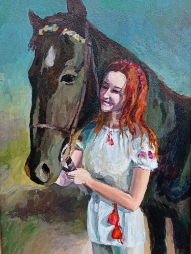 Pittura intitolato "Ukrainian horsewoman" da Svitlana Fedas, Opera d'arte originale, Acrilico