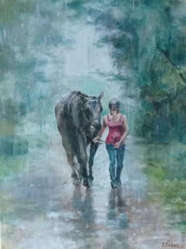 Картина под названием "Horsewoman in the r…" - Svitlana Fedas, Подлинное произведение искусства, Масло