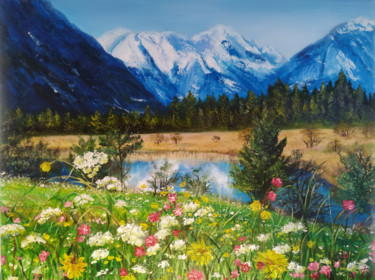 Painting titled "Mountains Landscape…" by Svitlana Kalaidzhi, Original Artwork, Oil Mounted on Wood Stretcher frame