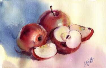 Painting titled "Red apples on a tab…" by Svitlana Lagutina, Original Artwork, Watercolor