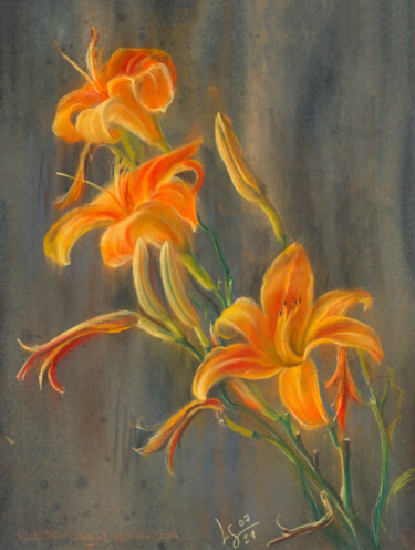 Schilderij getiteld "Orange daylily, 3 f…" door Svitlana Lagutina, Origineel Kunstwerk, Pastel