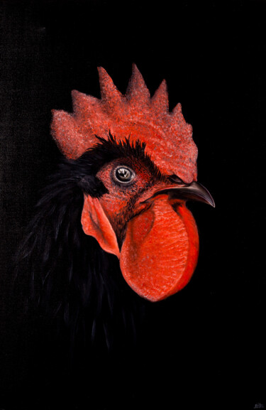 Painting titled "Black rooster" by Svitlana Miku, Original Artwork, Oil