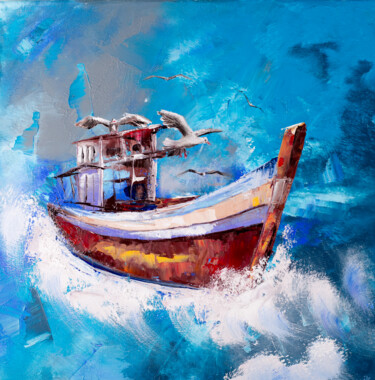 Peinture intitulée "Fishing Boat" par Svitlana Miku, Œuvre d'art originale, Huile