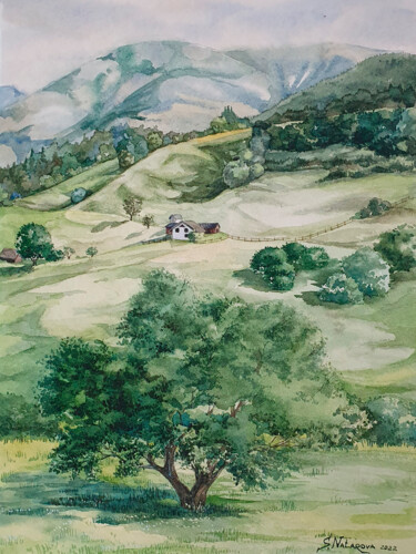 Pintura intitulada "A green tree on a m…" por Svitlana Natarova, Obras de arte originais, Aquarela