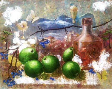 Schilderij getiteld "Green apples Still…" door Svitlana Prokopalo, Origineel Kunstwerk, Olie