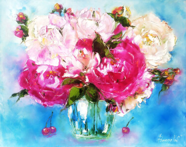 Painting titled "Peony Painting Flow…" by Svitlana Prokopalo, Original Artwork, Oil