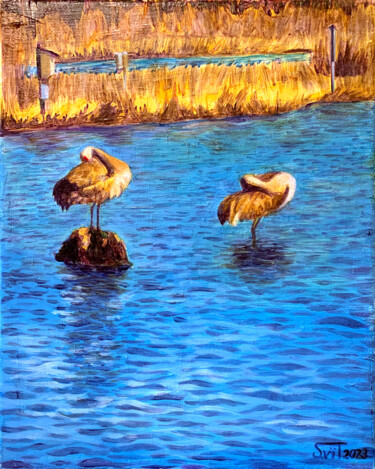 Картина под названием "Sandhill Cranes in…" - Svitlana Tetokina, Подлинное произведение искусства, Масло Установлен на Дерев…