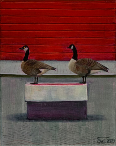 Malarstwo zatytułowany „Two Geese near the…” autorstwa Svitlana Tetokina, Oryginalna praca, Olej Zamontowany na Drewniana ra…