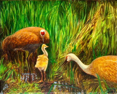 Malarstwo zatytułowany „Sandhill Cranes and…” autorstwa Svitlana Tetokina, Oryginalna praca, Olej Zamontowany na Drewniana r…