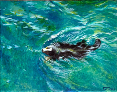 Painting titled "Swimming Dog" by Svitlana Tetokina, Original Artwork, Oil Mounted on Wood Stretcher frame