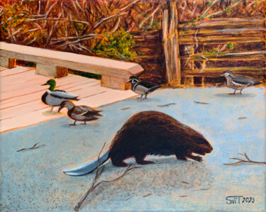 Painting titled "Beaver and ducks" by Svitlana Tetokina, Original Artwork, Oil Mounted on Wood Stretcher frame