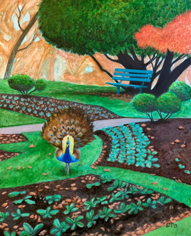 Schilderij getiteld "Peacock in a park" door Svitlana Tetokina, Origineel Kunstwerk, Olie