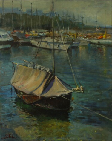 Painting titled "No man's boat" by Svitlana Vol, Original Artwork, Oil Mounted on Wood Stretcher frame