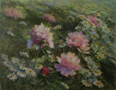 Malerei mit dem Titel "Peonies on a chamom…" von Svitlana Vol, Original-Kunstwerk, Öl