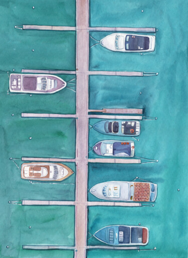 Painting titled "Morning on the dock" by Svitlana Yanyeva, Original Artwork, Watercolor