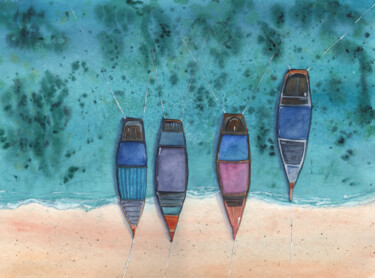 Malerei mit dem Titel "Thailand Tour Boats" von Svitlana Yanyeva, Original-Kunstwerk, Aquarell