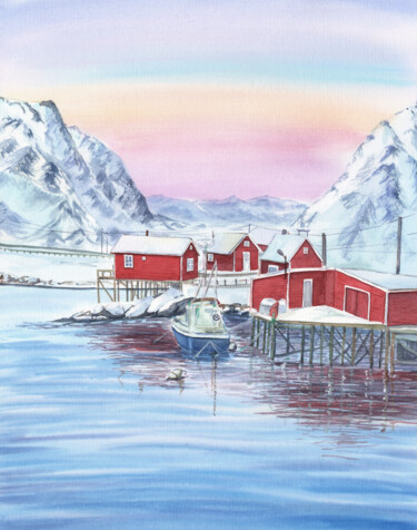 Картина под названием "Norway Sunset" - Svitlana Yanyeva, Подлинное произведение искусства, Акварель
