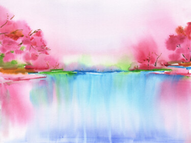 Картина под названием "Cherry blossom gard…" - Svitlana Yanyeva, Подлинное произведение искусства, Акварель