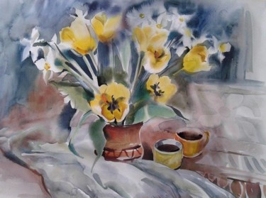 Painting titled "Café pour deux" by Svitlana Rasymiene, Original Artwork, Watercolor