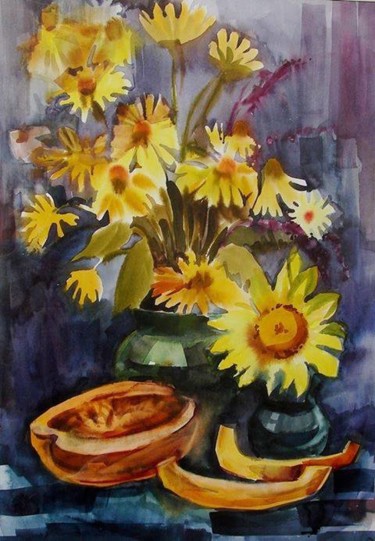 Painting titled "Fleurs jaunes" by Svitlana Rasymiene, Original Artwork, Watercolor