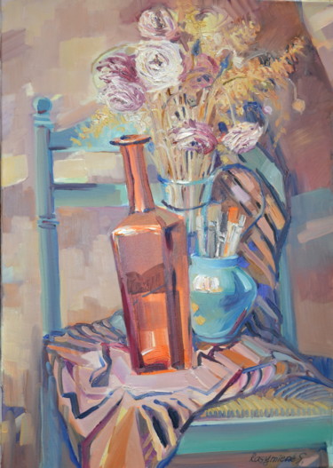 Painting titled "fleurs et bouteille" by Svitlana Rasymiene, Original Artwork, Oil